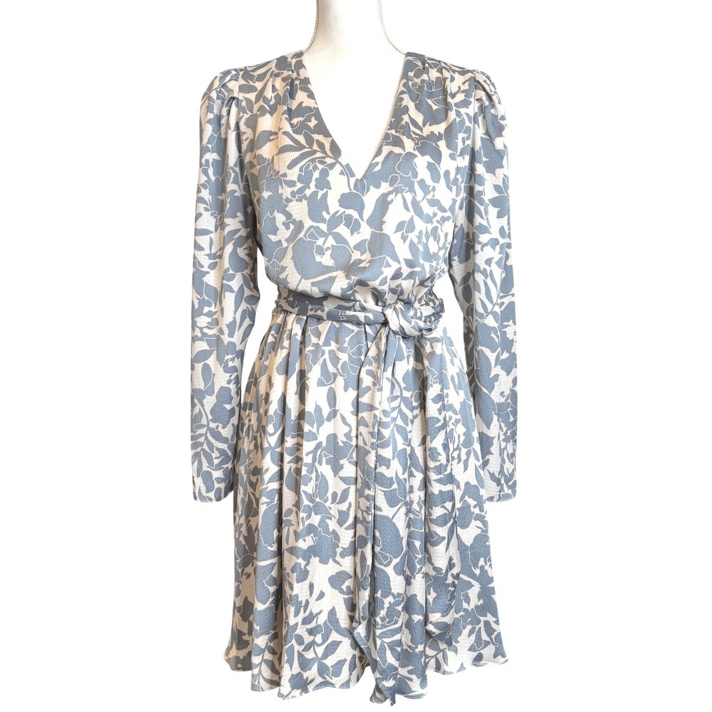BCBGMAXAZRIA Mini Dress Faux Wrap Floral Pockets Blue Cream Women Size 12‎ L